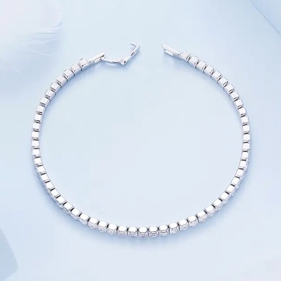 New Platinum Over Solid Sterling Silver Square Tennis Bracelet - Picture 2 of 6